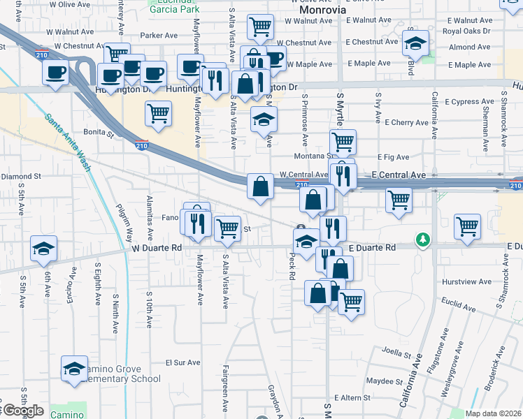 map of restaurants, bars, coffee shops, grocery stores, and more near 1633 South Magnolia Avenue in Monrovia