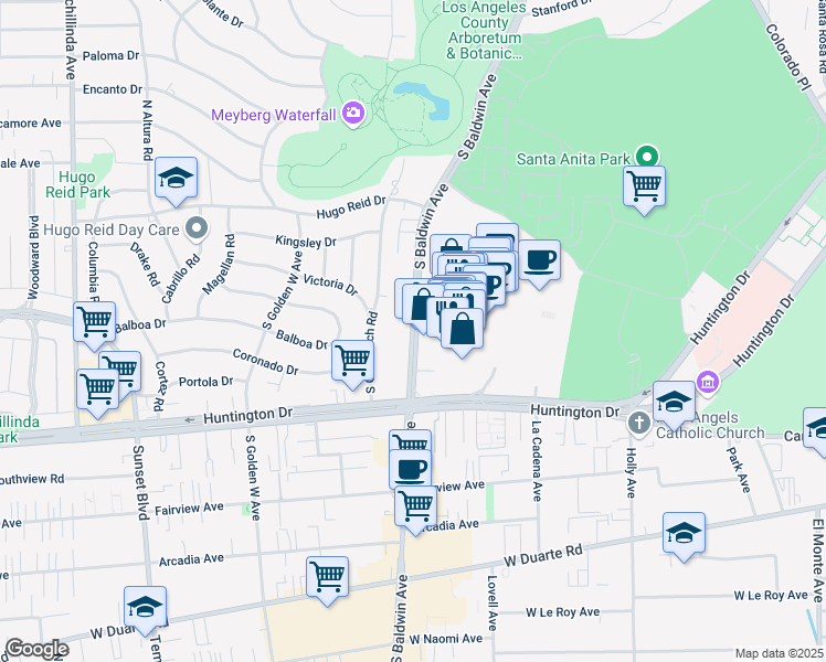 map of restaurants, bars, coffee shops, grocery stores, and more near 511 South Baldwin Avenue in Arcadia
