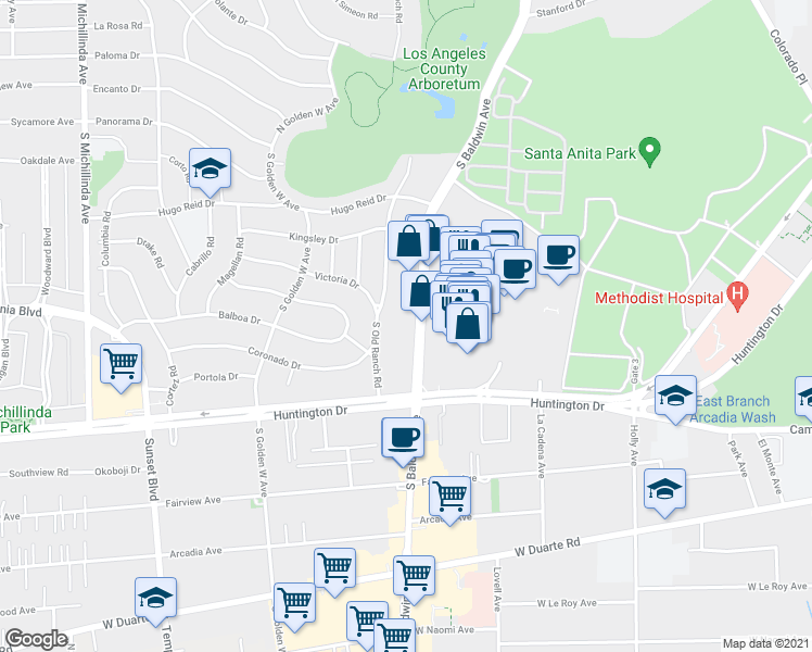 map of restaurants, bars, coffee shops, grocery stores, and more near 511 South Baldwin Avenue in Arcadia