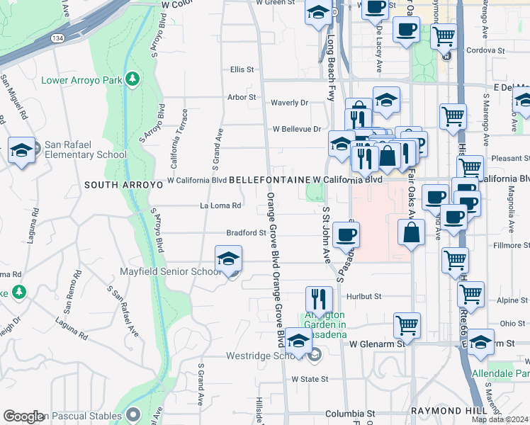 map of restaurants, bars, coffee shops, grocery stores, and more near 681 South Orange Grove Boulevard in Pasadena