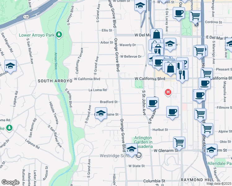 map of restaurants, bars, coffee shops, grocery stores, and more near 681 South Orange Grove Boulevard in Pasadena