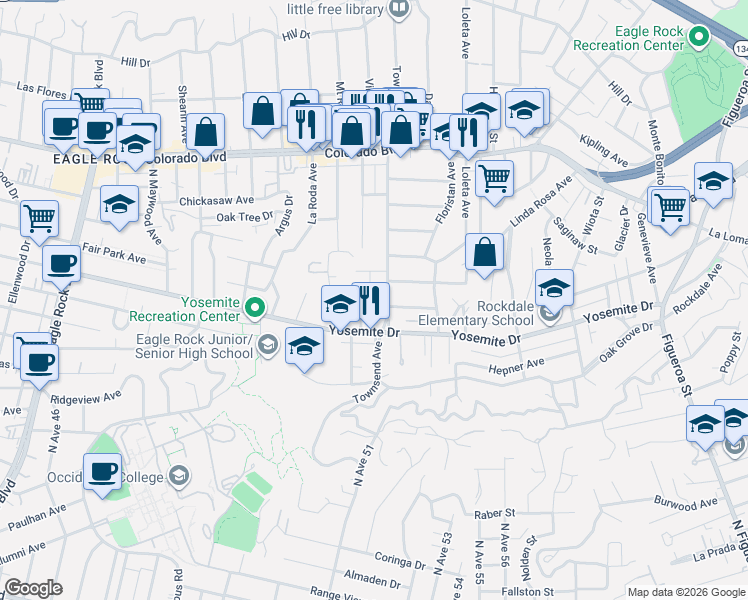 map of restaurants, bars, coffee shops, grocery stores, and more near 1597 Fair Park Avenue in Los Angeles