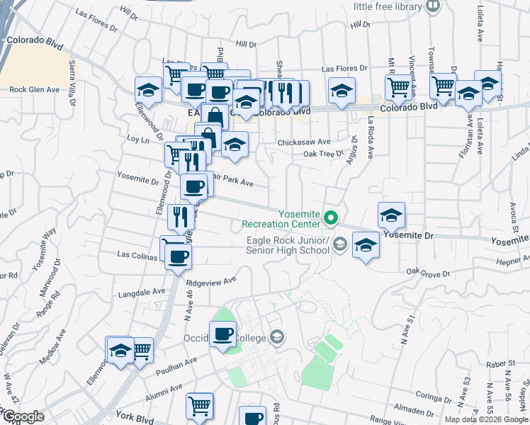 map of restaurants, bars, coffee shops, grocery stores, and more near 1942 Yosemite Drive in Los Angeles