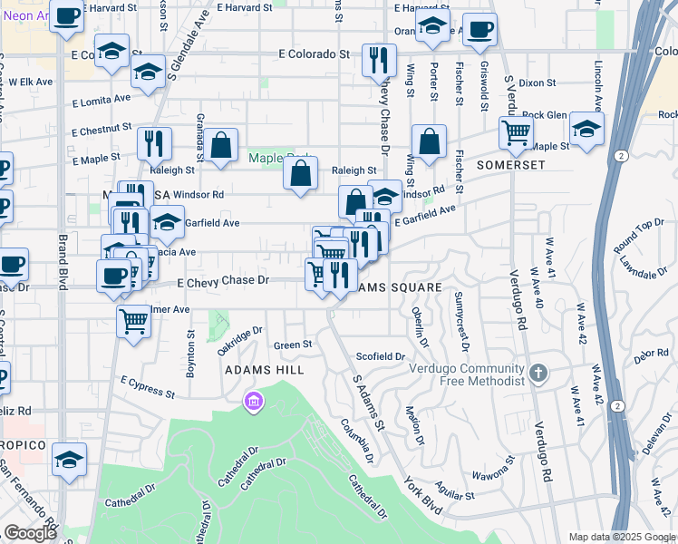 map of restaurants, bars, coffee shops, grocery stores, and more near 1012 East Acacia Avenue in Glendale