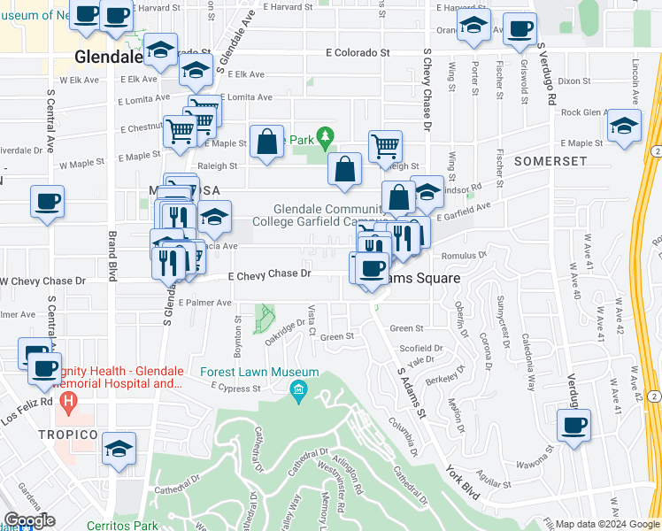 map of restaurants, bars, coffee shops, grocery stores, and more near 807 East Chevy Chase Drive in Glendale