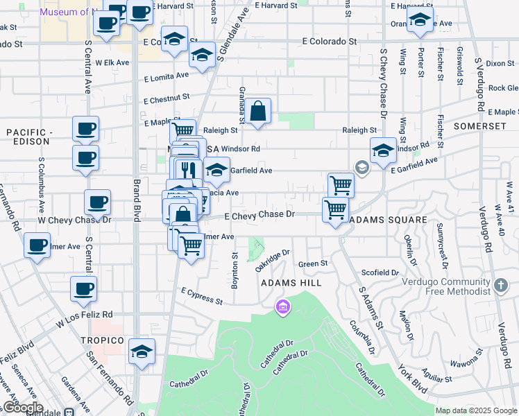 map of restaurants, bars, coffee shops, grocery stores, and more near 601 East Chevy Chase Drive in Glendale