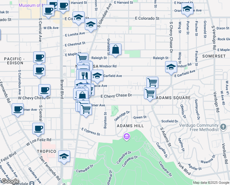 map of restaurants, bars, coffee shops, grocery stores, and more near 601 East Chevy Chase Drive in Glendale