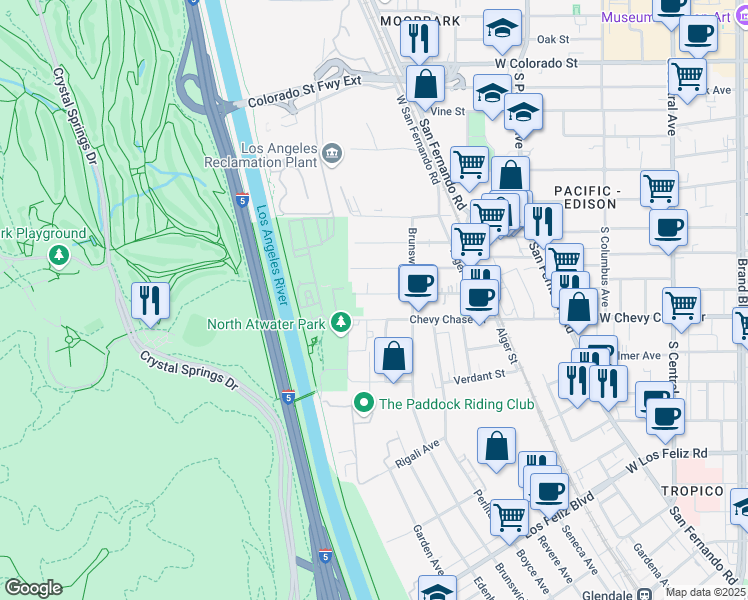 map of restaurants, bars, coffee shops, grocery stores, and more near 4020 Bemis Street in Los Angeles