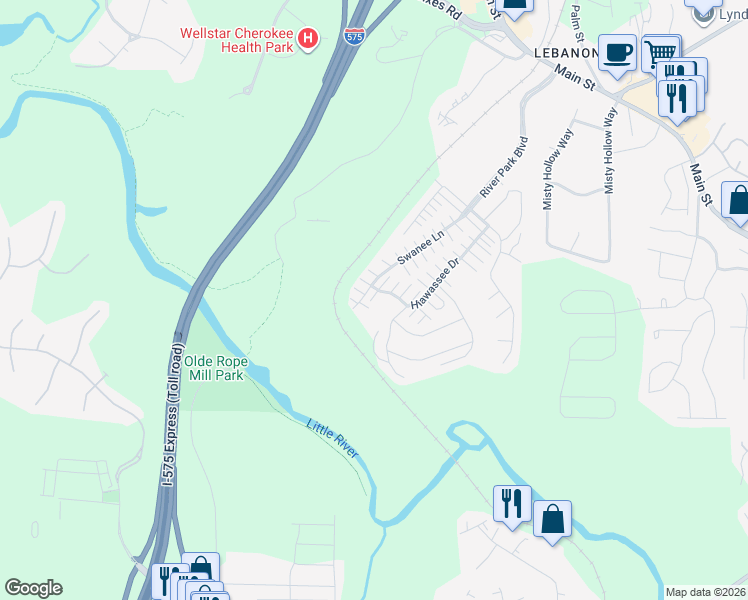 map of restaurants, bars, coffee shops, grocery stores, and more near 367 Hiawassee Drive in Woodstock