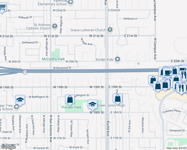 map of restaurants, bars, coffee shops, grocery stores, and more near 1939 North Laurel Avenue in Upland