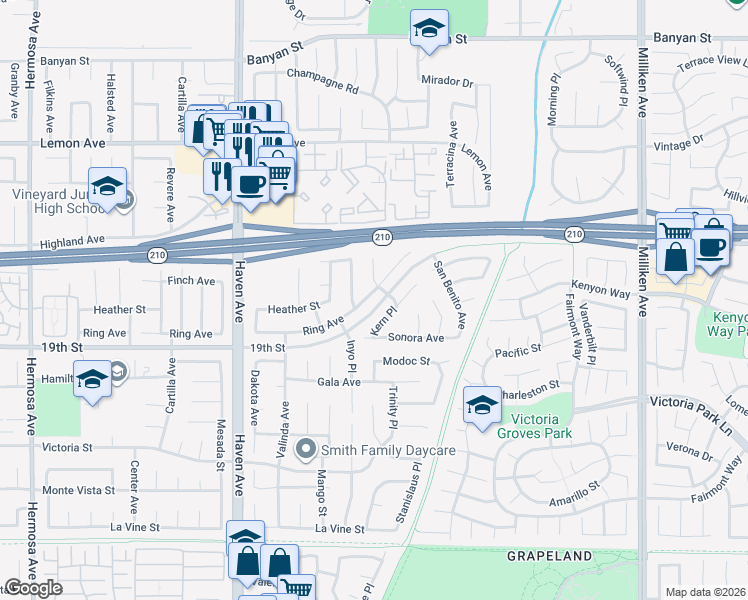 map of restaurants, bars, coffee shops, grocery stores, and more near 10771 Ring Avenue in Rancho Cucamonga