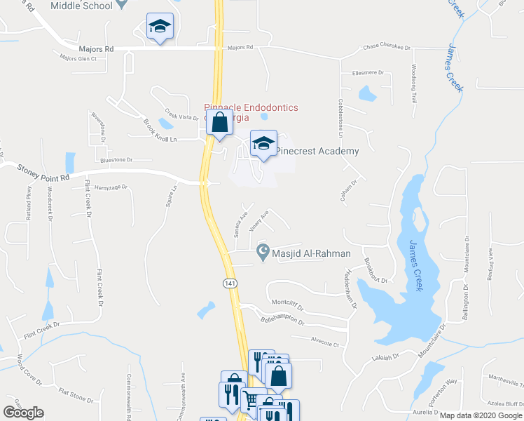 map of restaurants, bars, coffee shops, grocery stores, and more near 1635 Vinery Avenue in Cumming