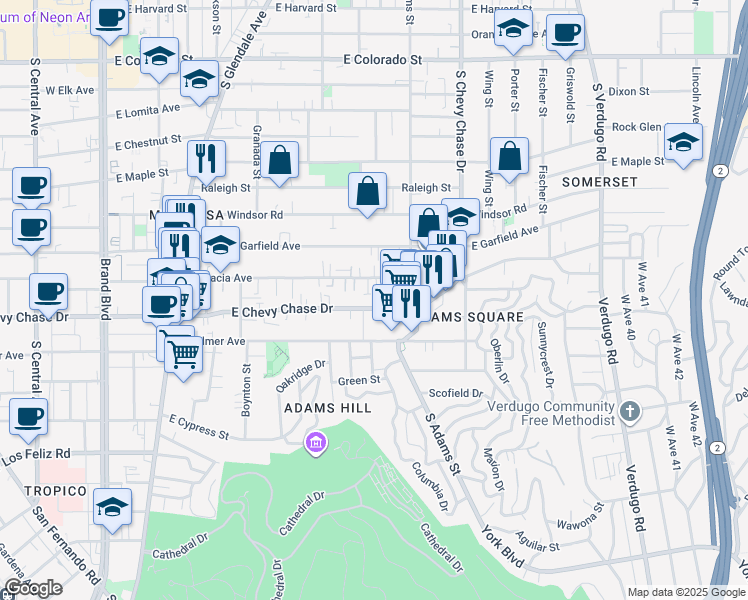 map of restaurants, bars, coffee shops, grocery stores, and more near 909 East Chevy Chase Drive in Glendale
