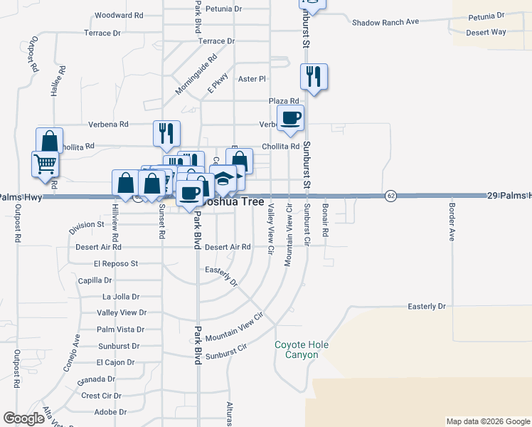 map of restaurants, bars, coffee shops, grocery stores, and more near 62081 Grand View Circle in Joshua Tree