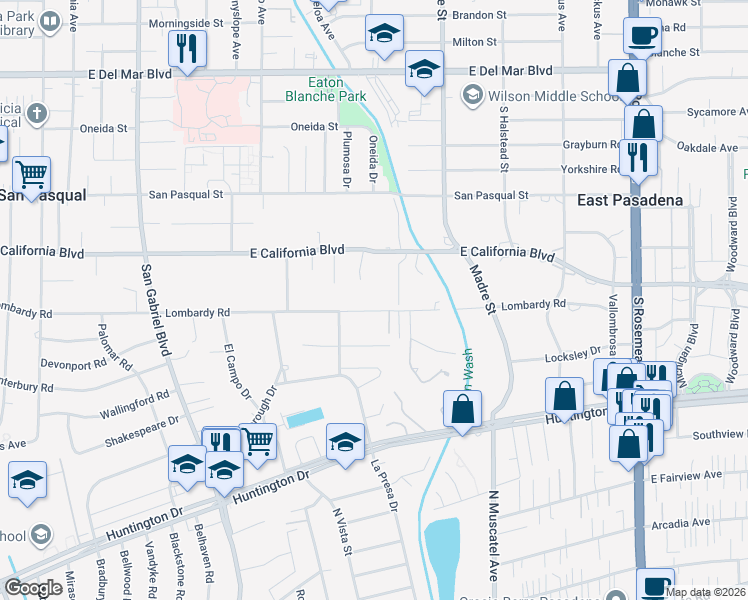 map of restaurants, bars, coffee shops, grocery stores, and more near 3265 Lombardy Road in Pasadena