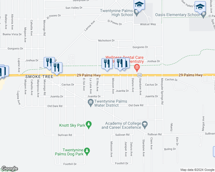 map of restaurants, bars, coffee shops, grocery stores, and more near 72535 Cactus Drive in Twentynine Palms