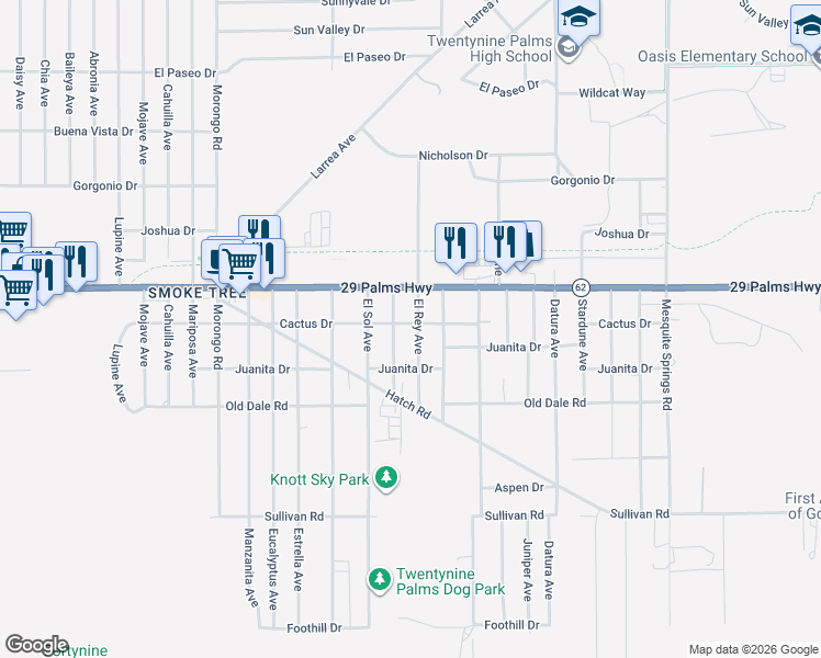 map of restaurants, bars, coffee shops, grocery stores, and more near 6566 El Rey Avenue in Twentynine Palms