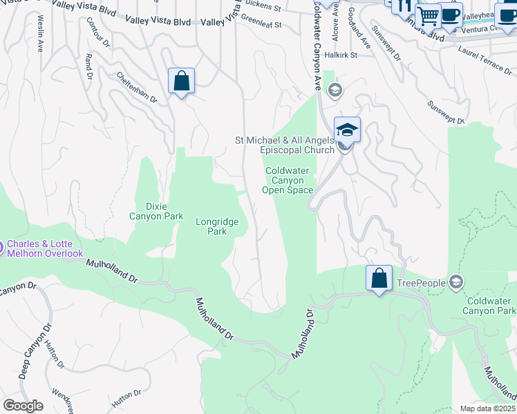 map of restaurants, bars, coffee shops, grocery stores, and more near 3520 Longridge Avenue in Los Angeles