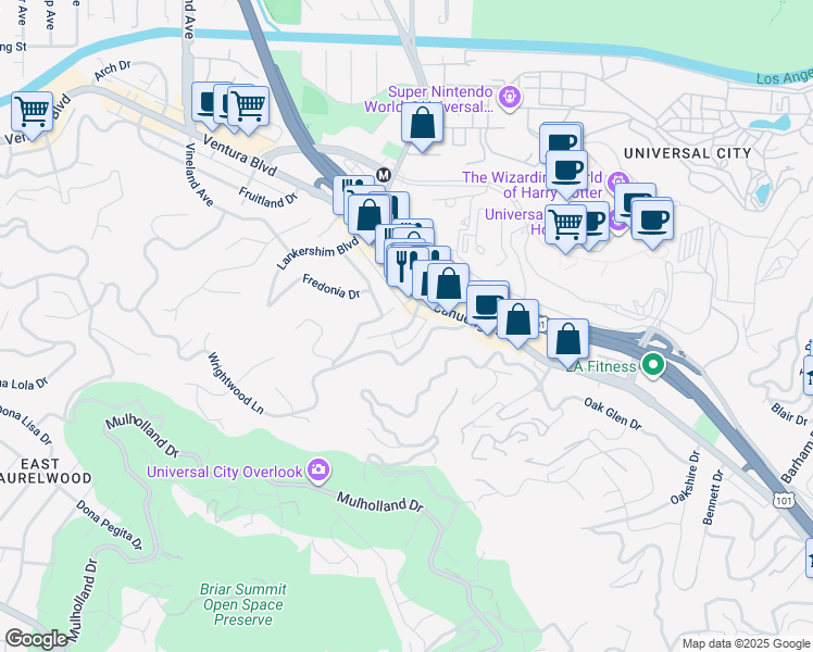 map of restaurants, bars, coffee shops, grocery stores, and more near 3651 Regal Place in Los Angeles