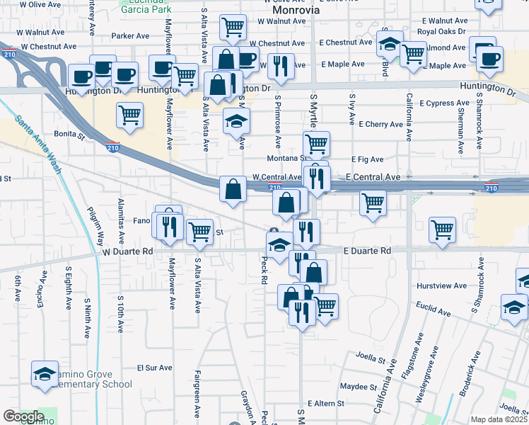 map of restaurants, bars, coffee shops, grocery stores, and more near 228 West Pomona Avenue in Monrovia