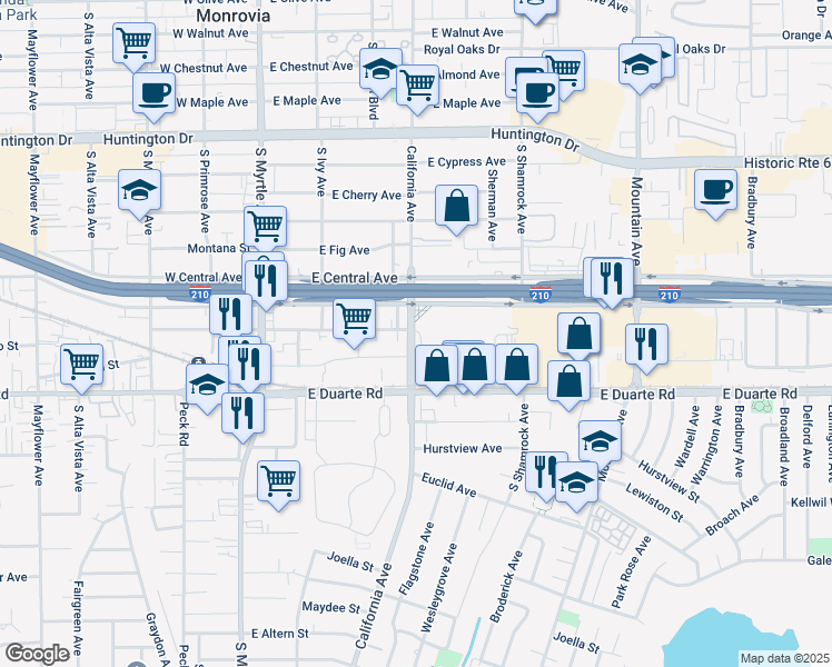 map of restaurants, bars, coffee shops, grocery stores, and more near 1600 South California Avenue in Monrovia