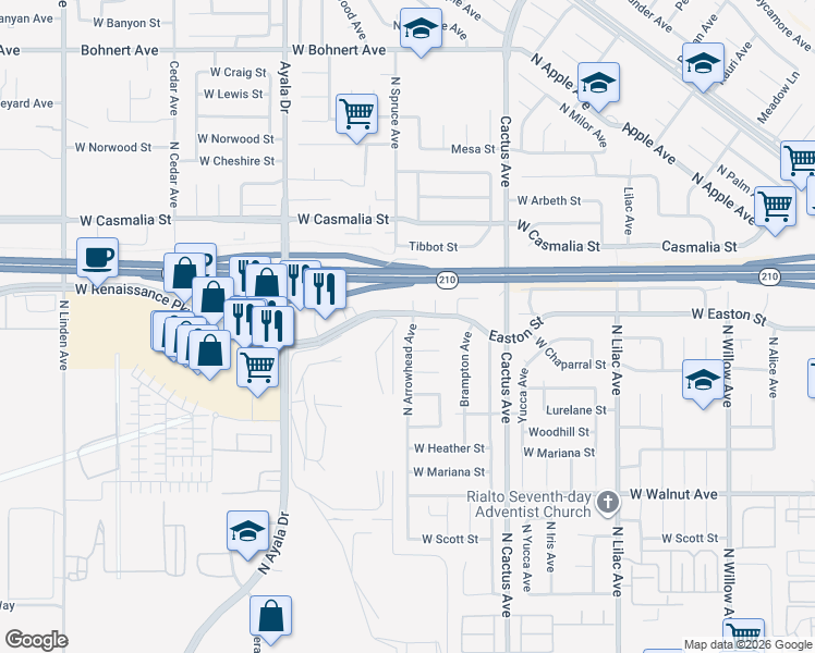 map of restaurants, bars, coffee shops, grocery stores, and more near 1890 North Arrowhead Avenue in Rialto
