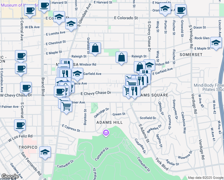 map of restaurants, bars, coffee shops, grocery stores, and more near 807 East Chevy Chase Drive in Glendale