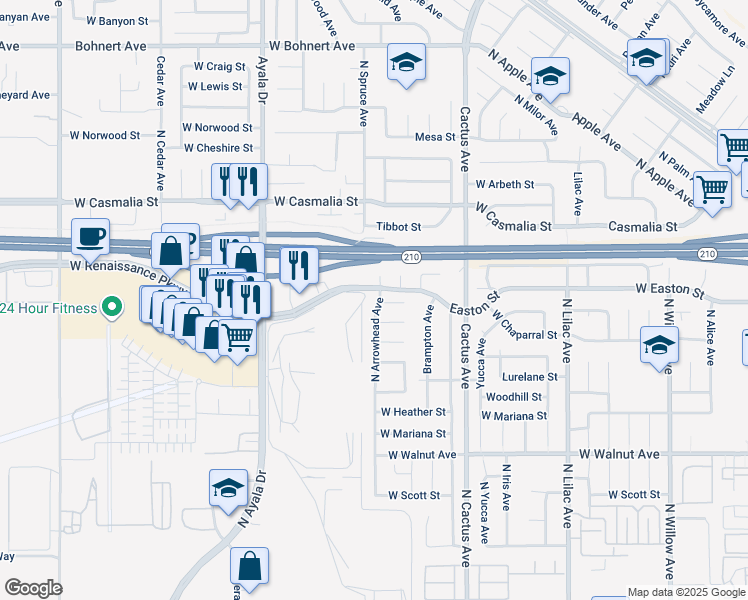 map of restaurants, bars, coffee shops, grocery stores, and more near 1890 North Arrowhead Avenue in Rialto