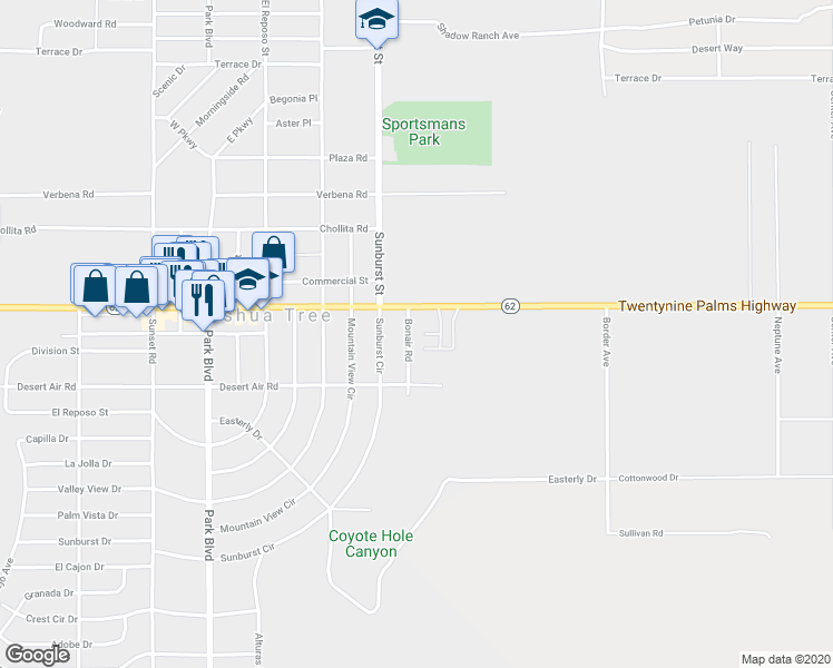 map of restaurants, bars, coffee shops, grocery stores, and more near 62085 Bonair Road in Joshua Tree