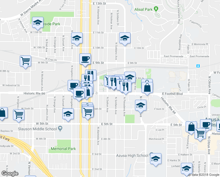 map of restaurants, bars, coffee shops, grocery stores, and more near 714 North Dalton Avenue in Azusa