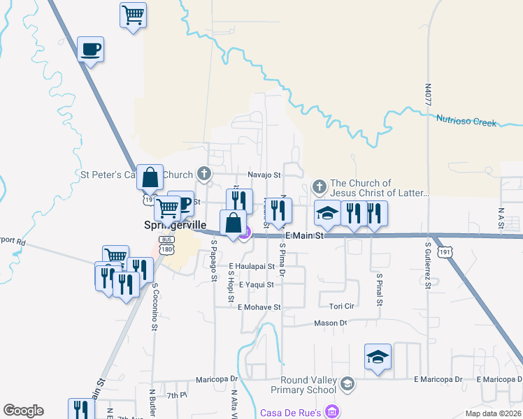 map of restaurants, bars, coffee shops, grocery stores, and more near 400-498 Apache Street in Springerville