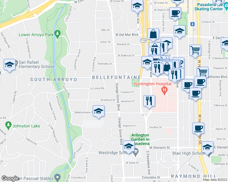 map of restaurants, bars, coffee shops, grocery stores, and more near 681 South Orange Grove Boulevard in Pasadena