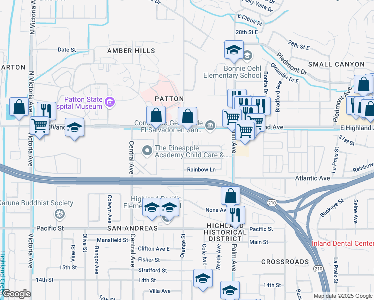 map of restaurants, bars, coffee shops, grocery stores, and more near 3415 Orange Street in Highland