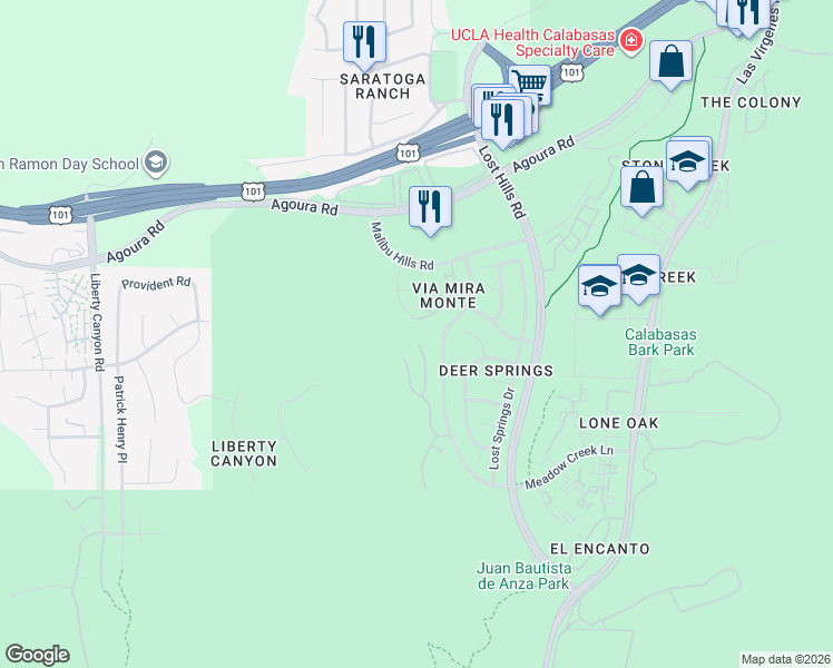 map of restaurants, bars, coffee shops, grocery stores, and more near 4030 Leighton Point Road in Agoura Hills