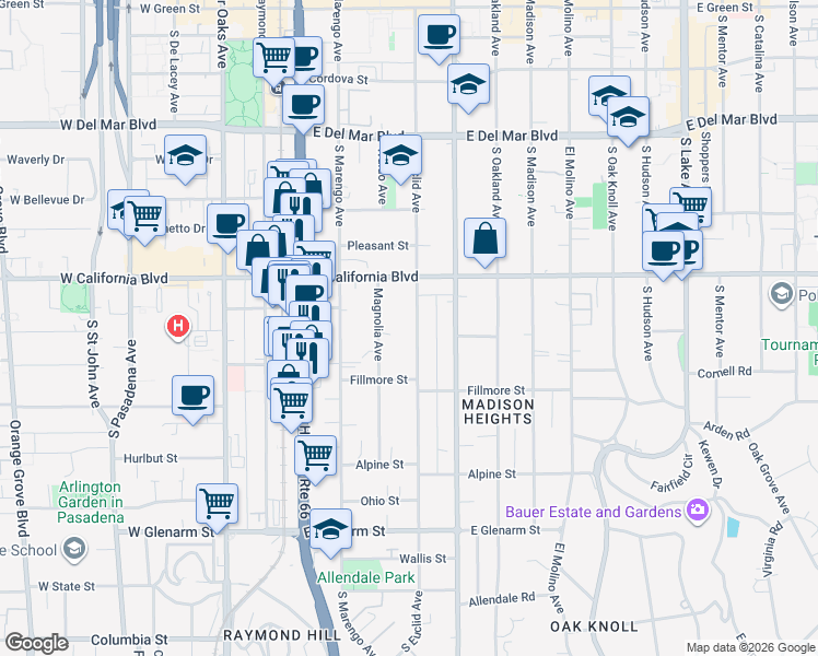 map of restaurants, bars, coffee shops, grocery stores, and more near 675 South Euclid Avenue in Pasadena