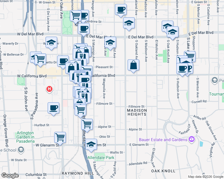 map of restaurants, bars, coffee shops, grocery stores, and more near 675 South Euclid Avenue in Pasadena