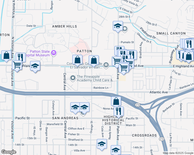 map of restaurants, bars, coffee shops, grocery stores, and more near 3445 21st Street in Highland