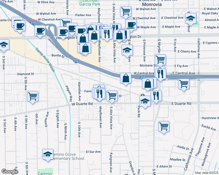 map of restaurants, bars, coffee shops, grocery stores, and more near 1622 Mayflower Avenue in Monrovia