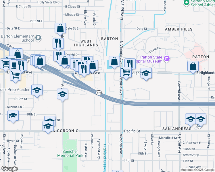 map of restaurants, bars, coffee shops, grocery stores, and more near 6644 Robinson Road in Highland