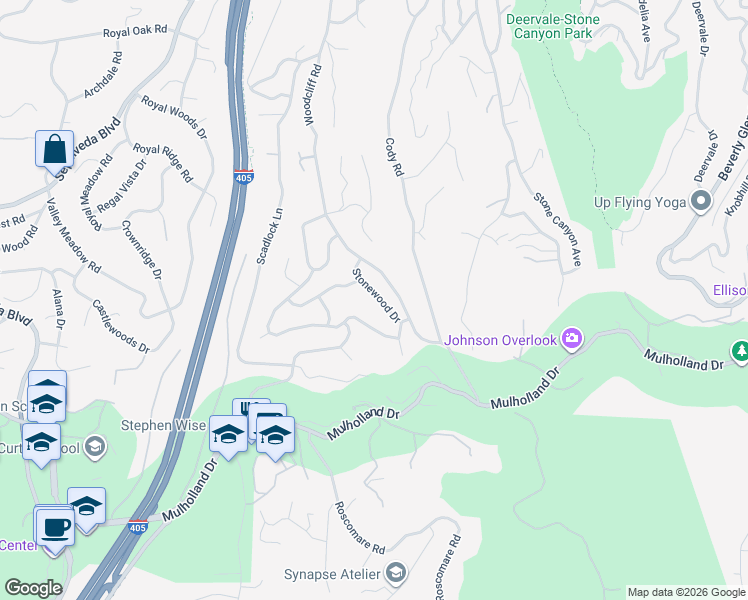 map of restaurants, bars, coffee shops, grocery stores, and more near 3543 Stonewood Drive in Los Angeles