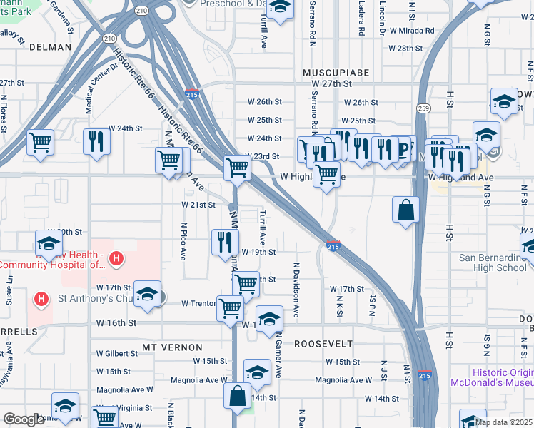 map of restaurants, bars, coffee shops, grocery stores, and more near 2059 Turrill Avenue in San Bernardino