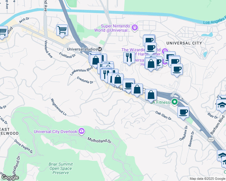 map of restaurants, bars, coffee shops, grocery stores, and more near 3643 Fredonia Drive in Los Angeles