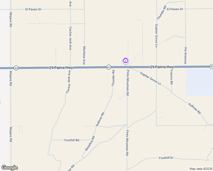 map of restaurants, bars, coffee shops, grocery stores, and more near 6615 Thunder Road in Twentynine Palms