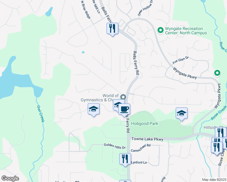 map of restaurants, bars, coffee shops, grocery stores, and more near 107 Dockside Downs Road in Woodstock