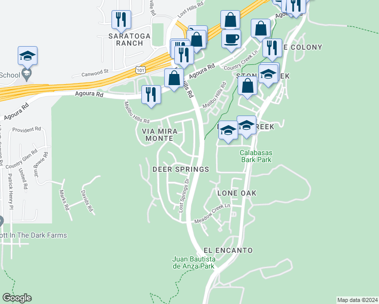 map of restaurants, bars, coffee shops, grocery stores, and more near 26809 Cold Springs Street in Agoura Hills
