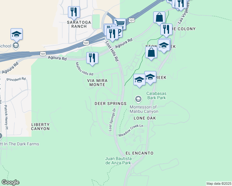 map of restaurants, bars, coffee shops, grocery stores, and more near 26809 Cold Springs Street in Agoura Hills