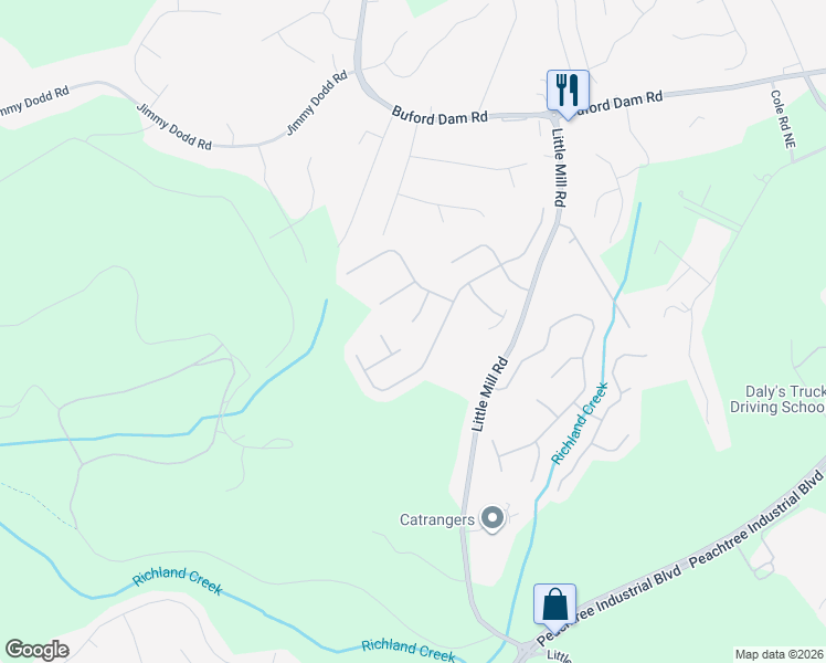 map of restaurants, bars, coffee shops, grocery stores, and more near 5687 Grindstone Drive in Buford