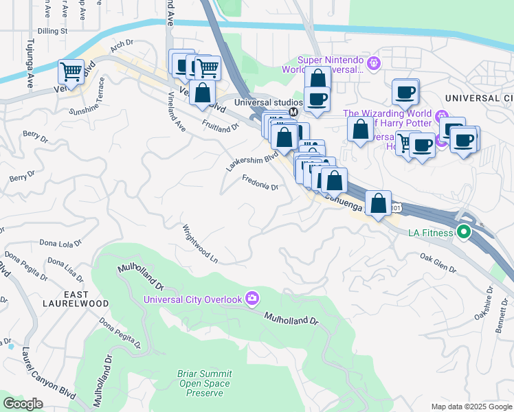 map of restaurants, bars, coffee shops, grocery stores, and more near 7765 Skyhill Drive in Los Angeles