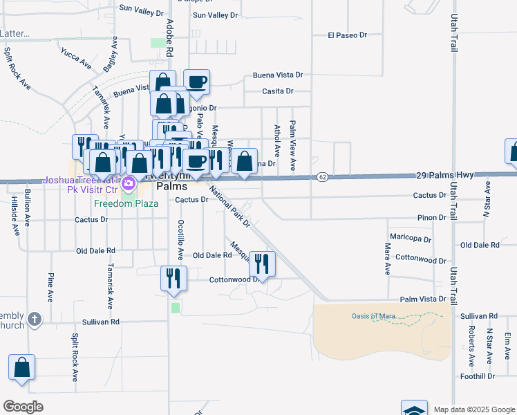 map of restaurants, bars, coffee shops, grocery stores, and more near 6650 Maricopa Drive in Twentynine Palms