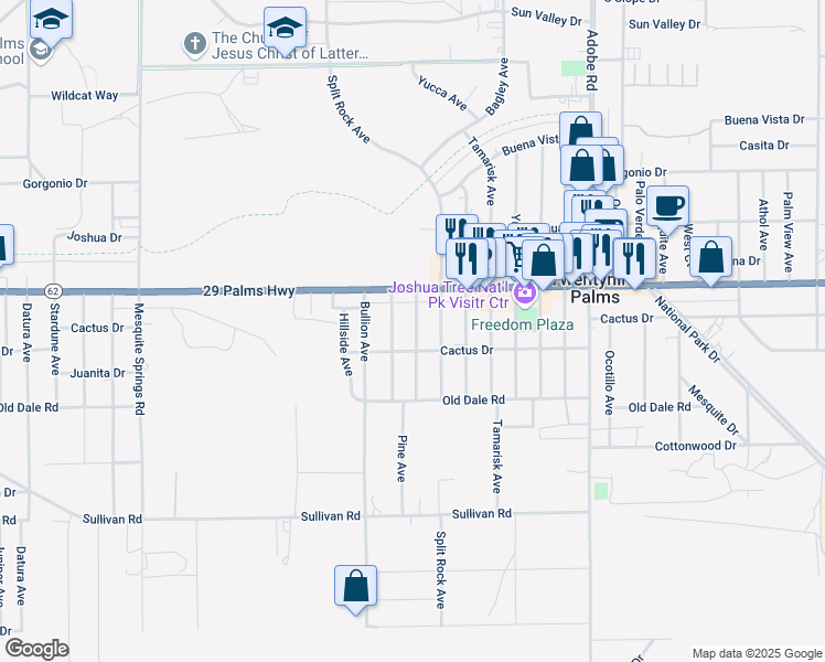 map of restaurants, bars, coffee shops, grocery stores, and more near 6587 Oasis Avenue in Twentynine Palms